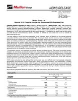 Mullen Group Ltd. Reports 2019 Financial Results and Announces 2020 Business Plan (CNW Group/Mullen Group Ltd.)